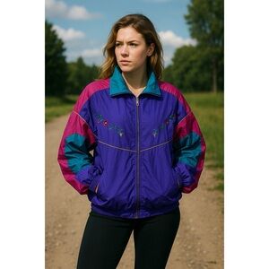 Vintage 90s Retro Nylon Jacket Color Block Pink Purple Teal Zip Up Embroidered